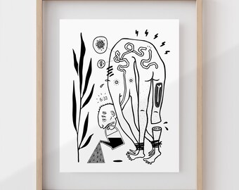 THE FARMER | Weird surreal art print | Strange line drawing | Bizarre decor | Trippy poster | Human | Plants | Gardener gift | Weirdcore