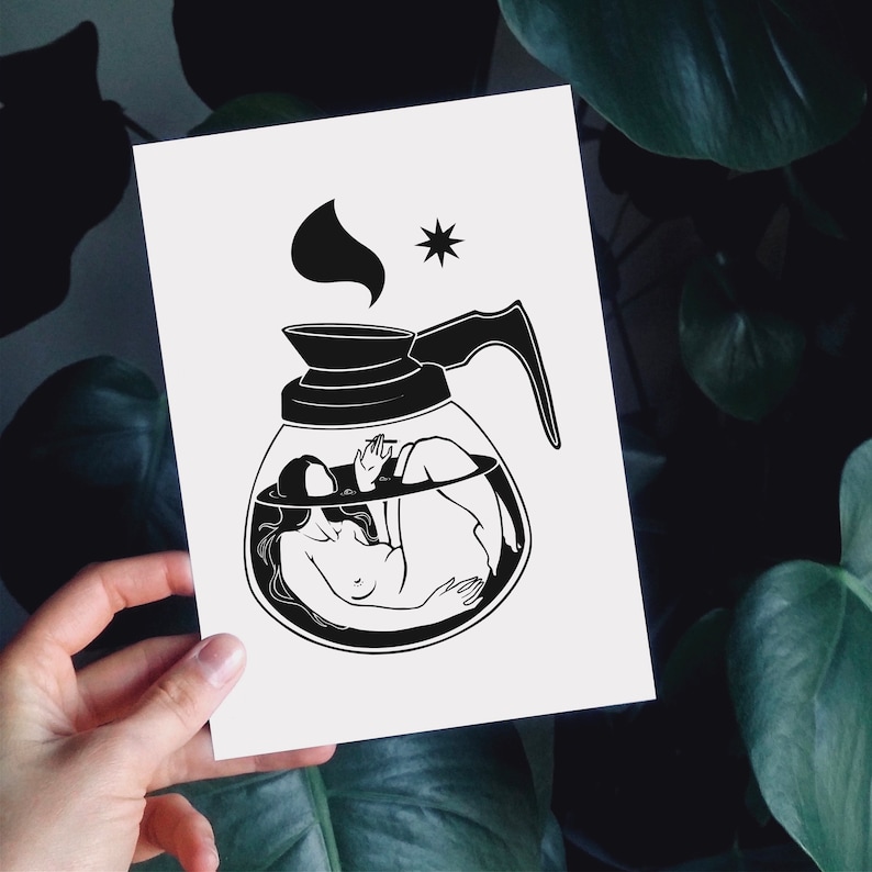 May include: Black and white illustration of a woman submerged in a coffee pot. The woman is depicted in a relaxed pose with her arms outstretched. The coffee pot has a star above it and steam rising from the spout.