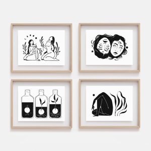 May include: Set of four black and white illustrations in wooden frames. The first image shows two figures sitting with plants. The second image shows two faces with closed eyes and open mouths. The third image shows three bottles with plants growing inside. The fourth image shows a figure sitting with plants.