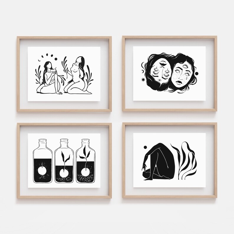 May include: Set of four black and white illustrations in wooden frames. The first image shows two figures sitting with plants. The second image shows two faces with closed eyes and open mouths. The third image shows three bottles with plants growing inside. The fourth image shows a figure sitting with plants.