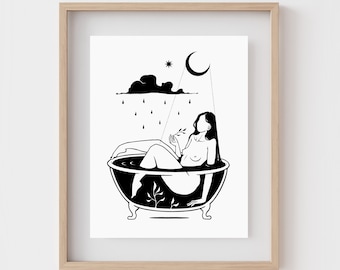 BATHING BEAUTY | Woman in bath wall art | Surreal bathroom decor | Feminist art | Self love | Witchy decor | Pin-up girl | Line drawing