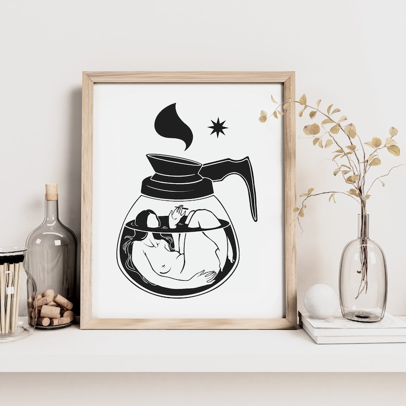 May include: Black and white illustration of a woman submerged in a coffee pot. The woman is depicted in a relaxed pose, with her arms and legs outstretched. The coffee pot has a spout and a handle, and steam is rising from the top. The illustration is set against a white background.