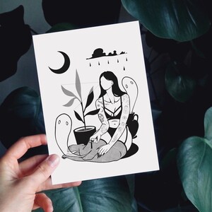 May include: Black and white illustration of a woman with tattoos sitting on a plant pot with a ghost beside her. The woman is wearing a black bra and has a ghost behind her. The background is a dark sky with a crescent moon and rain.