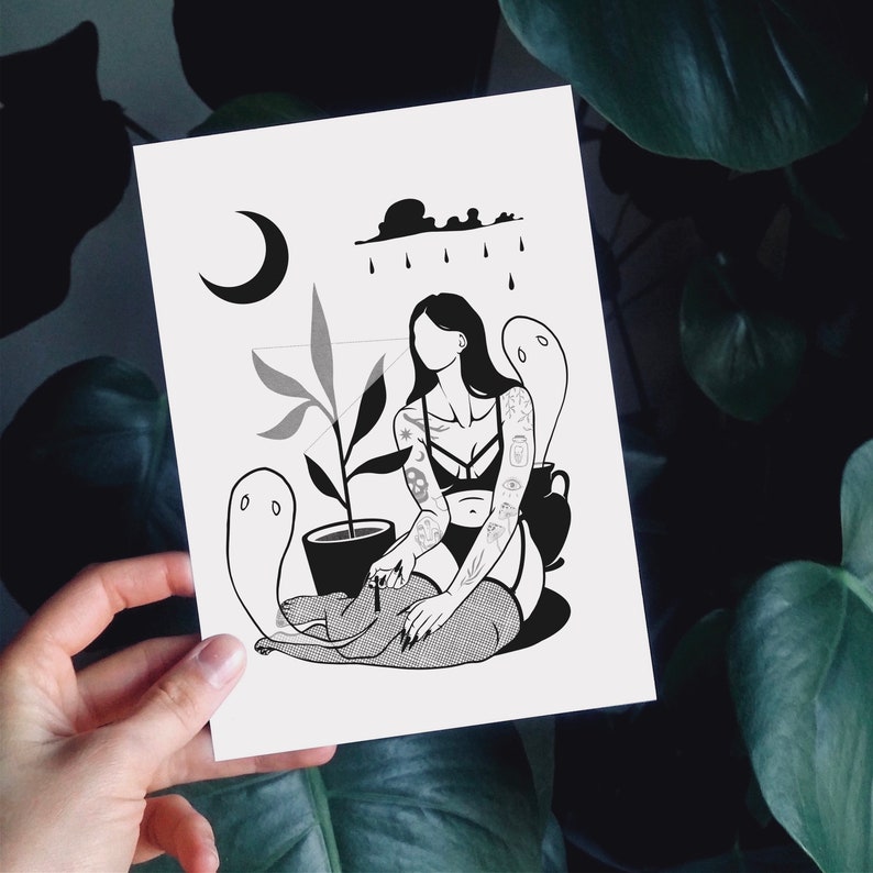May include: Black and white illustration of a woman with tattoos sitting on a plant pot with a ghost beside her. The woman is wearing a black bra and has a ghost behind her. The background is a dark sky with a crescent moon and rain.