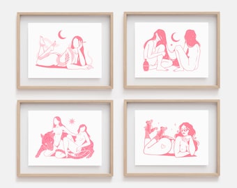 SET OF 4 PRINTS | Personalized print set | Custom wall art | Feminist art | Minimalist line art | Witchy decor | Best friend gift | Sapphic