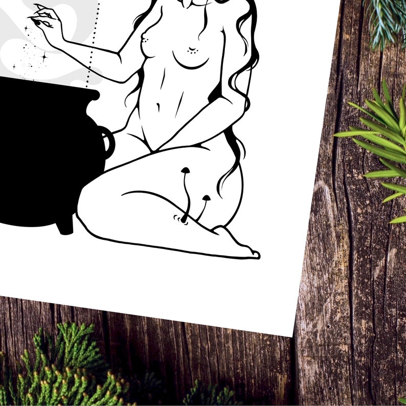 May include: Black and white line art illustration of a woman sitting with a cauldron in front of her. She is casting a spell with her hand and there are mushrooms growing on her leg.