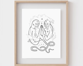 HOLY UNION | Weird art print | Strange surreal wall art | Bizarre home decor | Human anatomy | Black line sketch drawing | Best friend gift