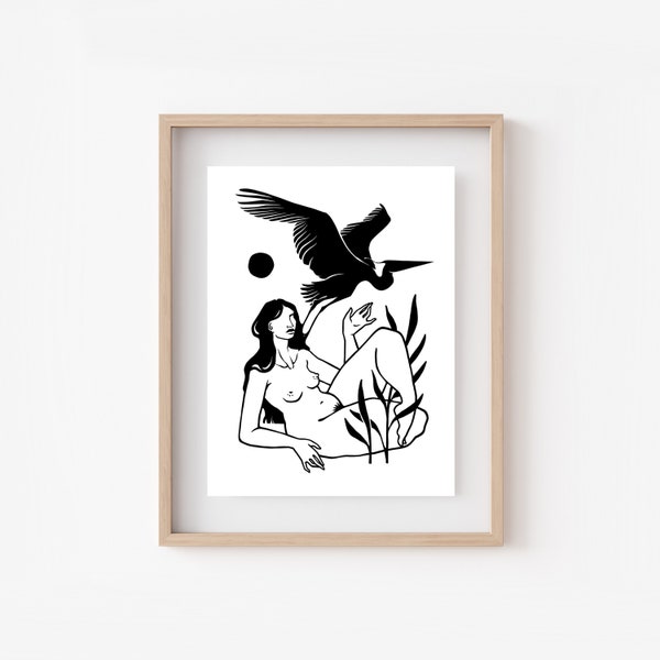 HERON | Bird woman art print | Flying bird | Witchy decor | Female nude drawing | Animal lover | Wall art | Best friend gift | Surreal