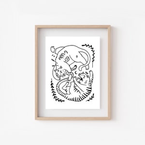 CAT FIGHT | Tiger art print | Cat wall decor | Animal line drawing | Weird wall art | Best friend gift | Meow | Tiger illustration | Feline
