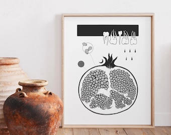 GRANAT | Wydruk artystyczny z owocami | Sztuka ścienna z granatem | Rysunek zębów | Wegański wystrój domu | Grafika liniowa | Ilustracja oparta na roślinach | Surrealistyczny