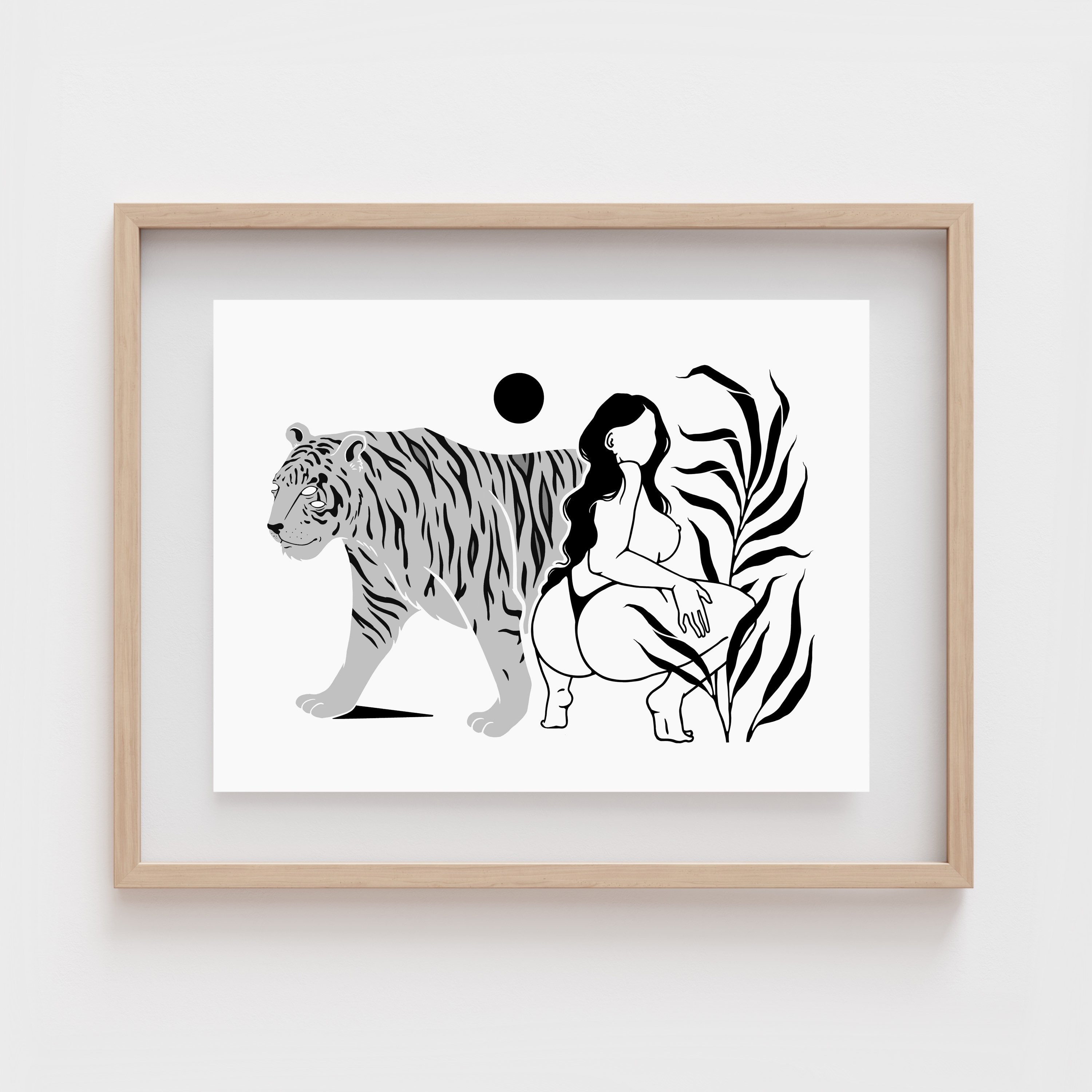 TIGRESS Woman and Tiger Art Print Female Nude Drawing hq image