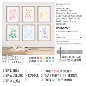 May include: Set of six digital art prints featuring minimalist line art of women with various colors and styles. The prints are available for personalization with titles and colors. The text "WRITE THE TITLE AND COLOUR YOU WANT HERE" is included in the image.