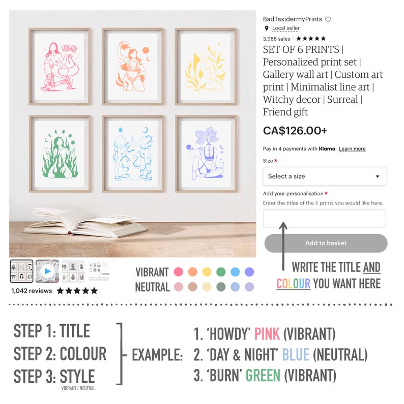 May include: Set of six digital art prints featuring minimalist line art of women with various colors and styles. The prints are available for personalization with titles and colors. The text "WRITE THE TITLE AND COLOUR YOU WANT HERE" is included in the image.