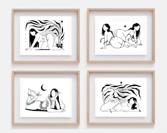SET OF 4 PRINTS | Personalized gallery wall art | Witchy home decor | Custom feminist poster | Minimalist line drawing | Sapphic | Nature