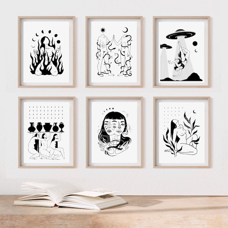May include: Set of six black and white illustrations in minimalist style. Each illustration features a female figure in a different pose, with various symbolic elements such as moons, stars, plants, and geometric shapes.