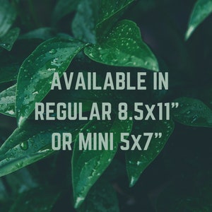 May include: Text on a green leafy background reads "AVAILABLE IN REGULAR 8.5x11" OR MINI 5x7"