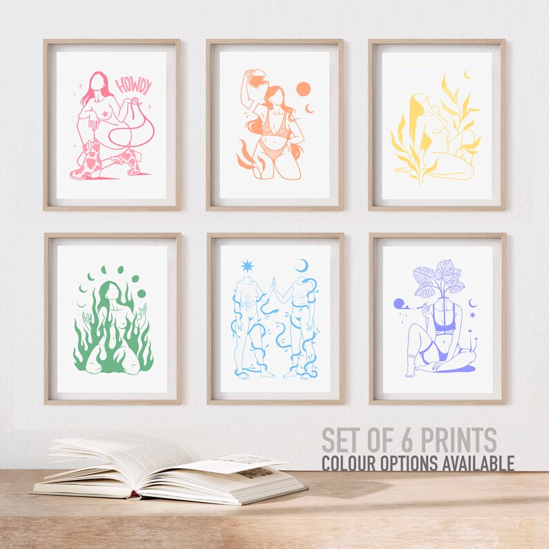May include: Set of six prints featuring line art illustrations of figures with various symbols and designs. The prints are in different colors, including pink, orange, yellow, green, blue, and purple. The prints are framed in a light wood frame.