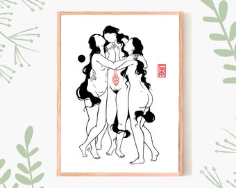 THE THREE GRACES | Nude goddess art print | Body positive | Curvy woman line art | Witchy decor | Feminist wall art | Queer gift | Friends