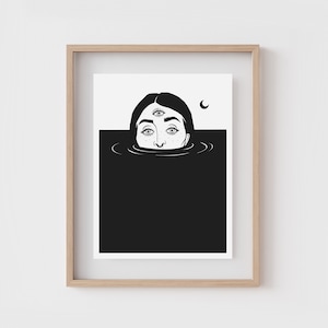 BLACK WATERS | Surreal wall art | Female portrait art print | Third eye freckle girl | Witchy decor | Line art | Weird home decor