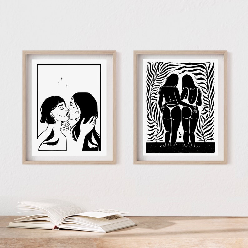 KISS | Sapphischer Kunstdruck | Queer Liebe Plakat | Frauen Linie Zeichnung | Witchy Dekor | Schwul | LGBTQ Wanddekor | Feministische Wohnkultur | Lesbisch Bild 5