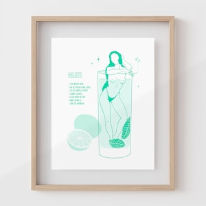 MOJITO | Plakat Vintage Cocktail | Sztuka retro wózka barowego | Prezent dla najlepszego przyjaciela | Dekoracja ścienna seksownej dziewczyny Pin Up | Naga kobieta | Wydruk domowego baru
