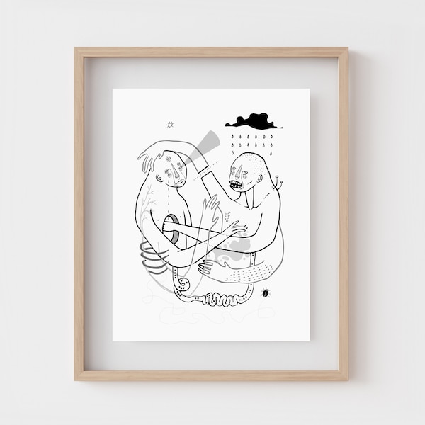 INSIDE OUT | Weird art print | Strange surreal wall art | Bizarre home decor | Human anatomy | Black line sketch drawing | Best friend gift