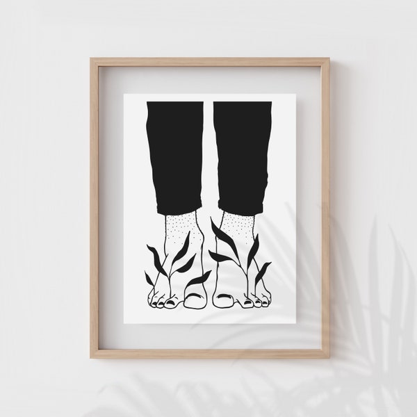 SOLE | Bare feet art print | Plant wall art | Nature drawing | Botanical home decor | Minimalist | Gardener gift | Green witch | Hairy legs