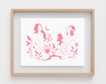 May include: Two nude figures sit facing each other in a pink outline, with a crescent moon and stars in the background. One figure holds a cup and the other holds a cup and a snake. The figures are surrounded by pink foliage.