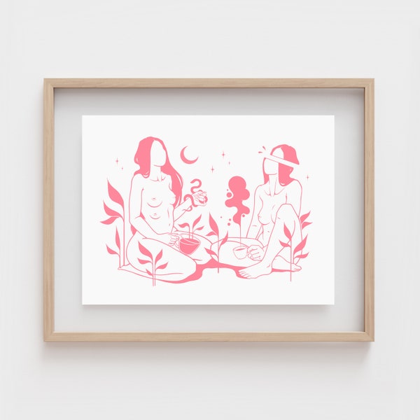 COFFEE & TEA | Best friend gift | Feminist art | Minimalist line art | Witchy decor | Lesbian art print | Sapphic art | Nature | Surreal