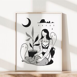 May include: Black and white illustration of a woman with tattoos sitting with a ghost and a plant. The woman is wearing a black bra and fishnet stockings. The background features a crescent moon, a cloud with raindrops, and a ghost.