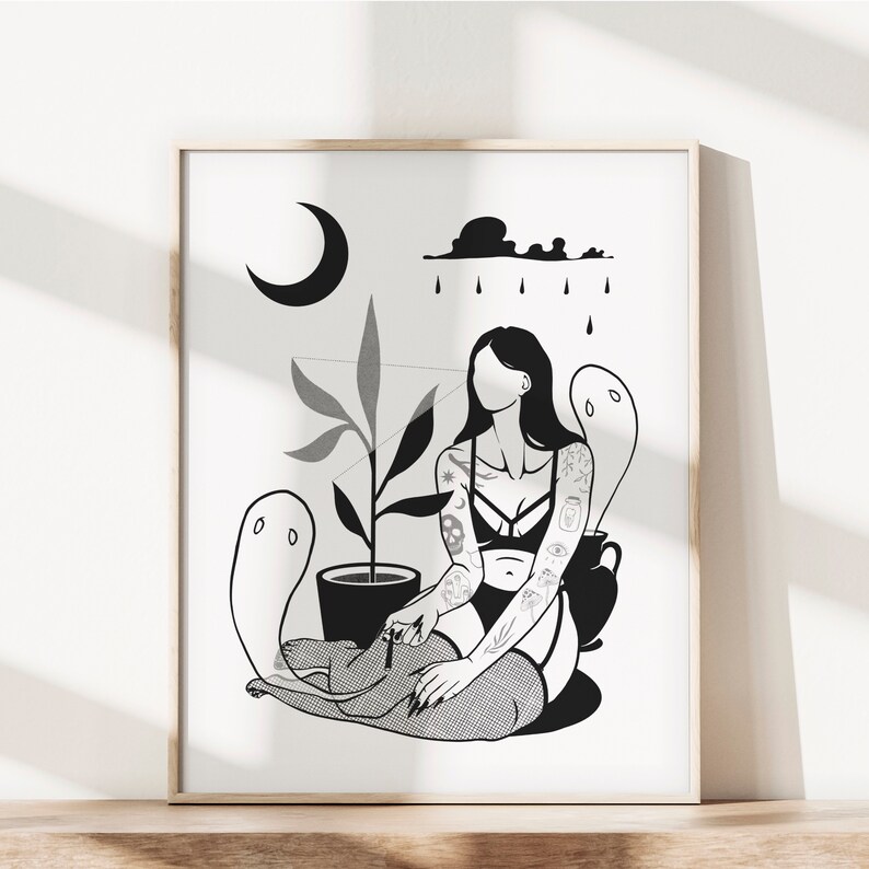 May include: Black and white illustration of a woman with tattoos sitting with a ghost and a plant. The woman is wearing a black bra and fishnet stockings. The background features a crescent moon, a cloud with raindrops, and a ghost.