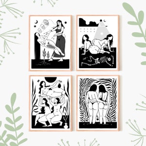May include: Four black and white illustrations featuring women in various poses. The first illustration shows a woman holding a series of faces above another woman lying down. The second illustration shows two women standing over a skeleton. The third illustration shows three women standing on top of each other. The fourth illustration shows two women standing back to back.