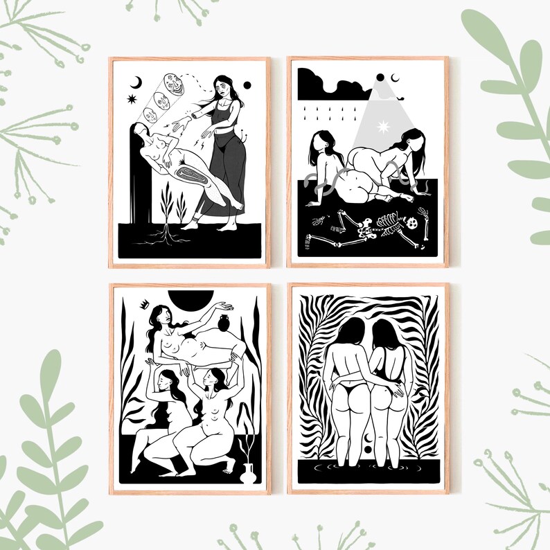 May include: Four black and white illustrations featuring women in various poses. The first illustration shows a woman holding a series of faces above another woman lying down. The second illustration shows two women standing over a skeleton. The third illustration shows three women standing on top of each other. The fourth illustration shows two women standing back to back.
