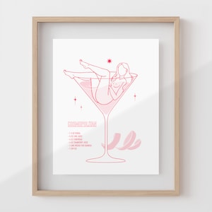 COSMOPOLITAN | Plakat Vintage Cocktail | Sztuka retro wózka barowego | Prezent dla barmana | Dekoracja ścienna seksownej dziewczyny Pin Up | Naga kobieta | Bar domowy