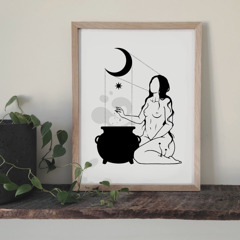 May include: Black and white line art print of a woman stirring a cauldron with a crescent moon and star in the background.