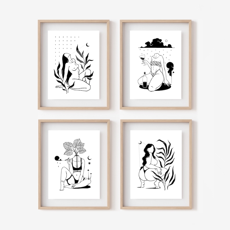 May include: Set of four black and white line art prints featuring women in various poses with plants and other elements. The prints are framed in simple wooden frames.