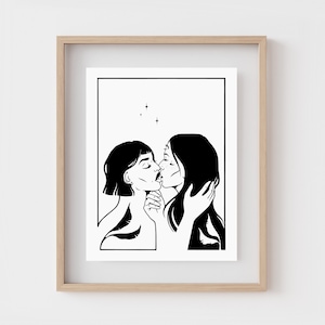 KISS / Impresión de arte sáfico / Póster de amor queer / Dibujo lineal de mujeres / Decoración de brujas / Decoración de pared gay / LGBTQ / Decoración del hogar feminista / Lesbiana