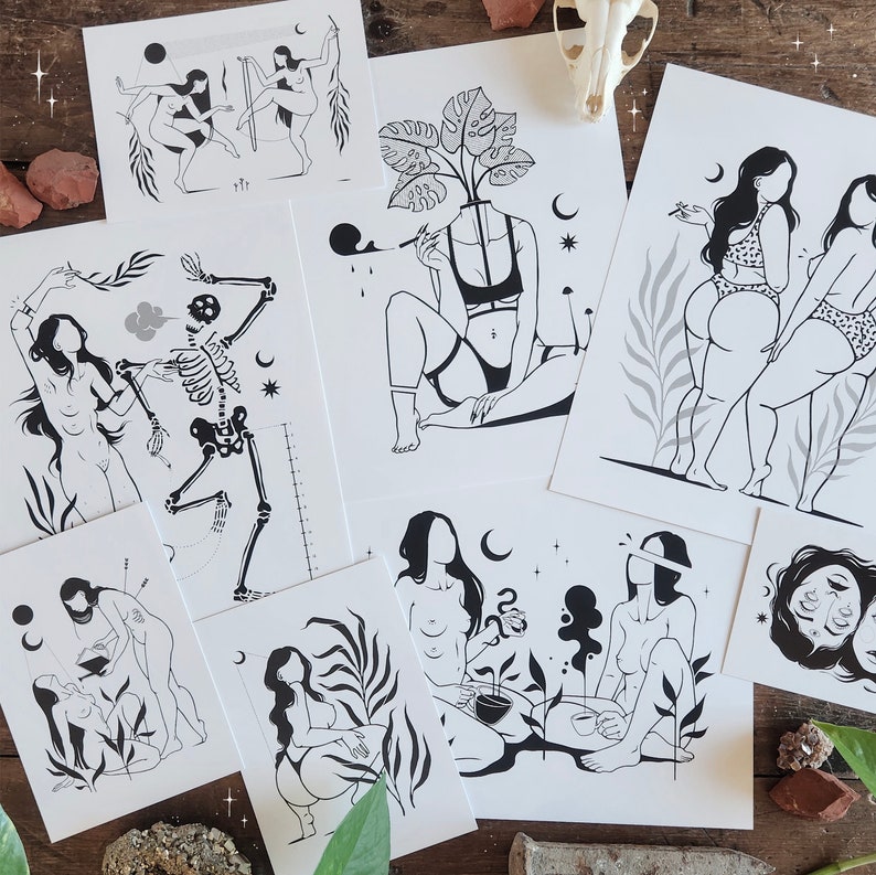 May include: Set of 10 black and white illustrations featuring various figures and symbols. The illustrations include a skeleton, a woman with a plant growing from her head, two women in bathing suits, and a woman with a snake. The illustrations are printed on white paper and have a minimalist aesthetic.