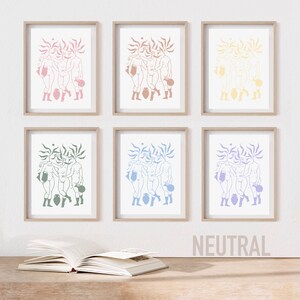 May include: Six framed prints of a line drawing of three figures holding jugs. The figures are in various colors: pink, peach, yellow, green, blue, and purple. The prints are arranged in two rows of three. The word "NEUTRAL" is printed below the prints.