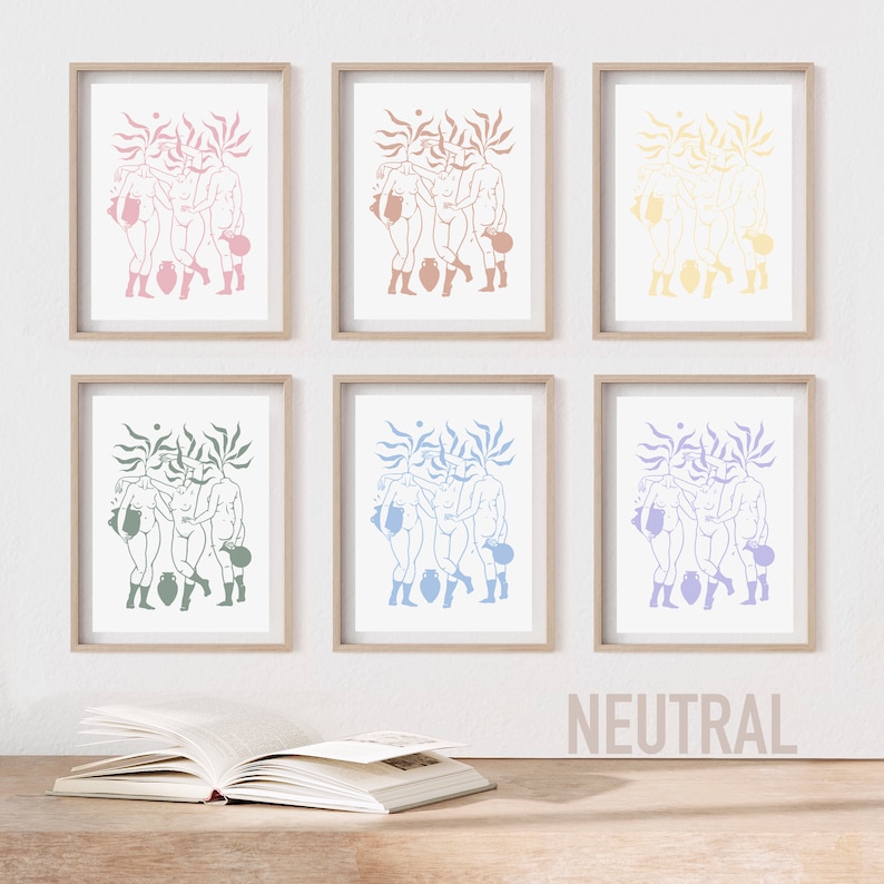 May include: Six framed prints of a line drawing of three figures holding jugs. The figures are in various colors: pink, peach, yellow, green, blue, and purple. The prints are arranged in two rows of three. The word "NEUTRAL" is printed below the prints.
