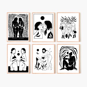 May include: Set of six black and white illustrations featuring women in various poses. The illustrations are framed in a simple wooden frame.