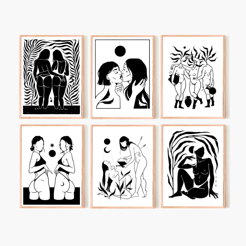 May include: Set of six black and white illustrations featuring women in various poses. The illustrations are framed in a simple wooden frame.