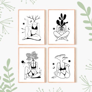 May include: Set of four black and white illustrations featuring a woman with different plant and nature elements replacing her head. Each illustration includes a moon, stars, and other celestial elements.