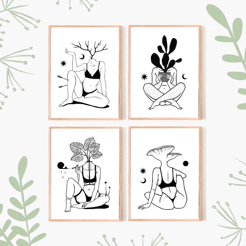 May include: Set of four black and white illustrations featuring a woman with different plant and nature elements replacing her head. Each illustration includes a moon, stars, and other celestial elements.