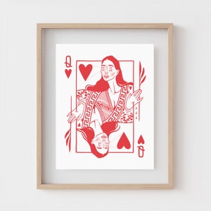 KRÓLOWA KIER | Wydruk artystyczny z kart do gry | Prezent dla najlepszego przyjaciela | Feministka | Sztuka ścienna w stylu retro | Plakat surrealistyczny | Rysunek czerwoną linią | Odjechany wystrój