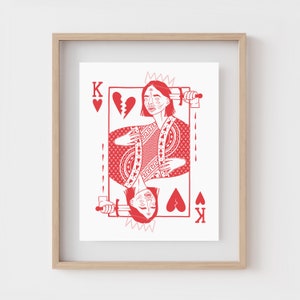 KRÓL KIER | Wydruk artystyczny z kartami do gry | Prezent dla najlepszego przyjaciela | Sztuka ścienna w stylu retro | Surrealistyczny plakat | Rysunek czerwoną linią | Odjechany wystrój