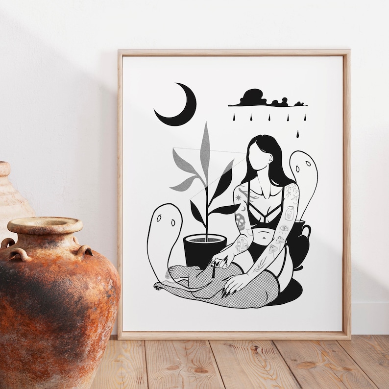 May include: Black and white illustration of a woman with tattoos sitting with a ghost and a plant in a pot. The woman is wearing a black bra and stockings. The background is a cloudy sky with rain.