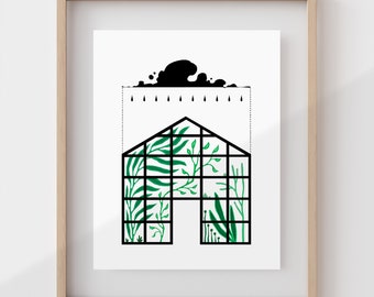 GREENHOUSE | Plant wall art | Nature art print | Botanical line drawing | Botanist gift | Plant mom poster | Green home decor | Cottage art