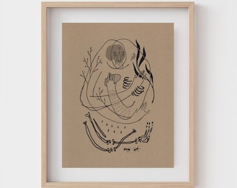 May include: A black and white line drawing of a person with their arms wrapped around themself. The drawing is on a brown background with small black dots and lines around the figure.