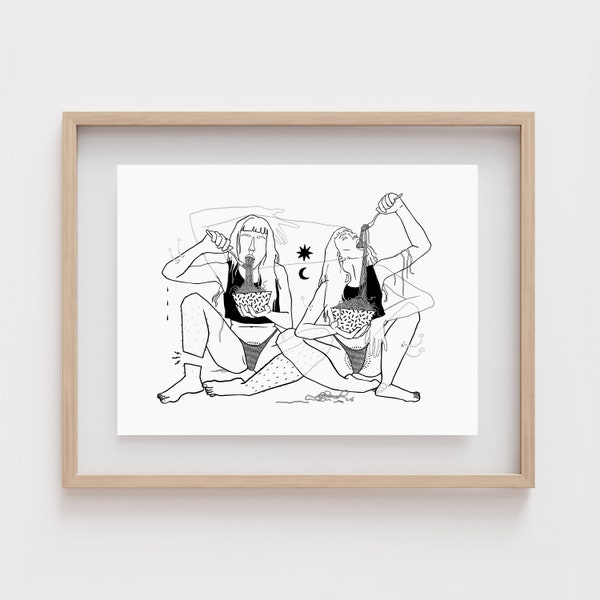 SPAGHETTI | Weird ramen noodle art print | Gift for Ramen lover | Strange line drawing | Surreal decor | Weirdcore wall art | Best friends